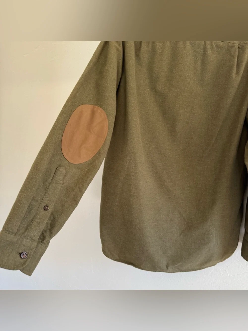 J. Crew Factory Long Sleeve Elbow Patch Cotton Button Down Shirt Green Brown